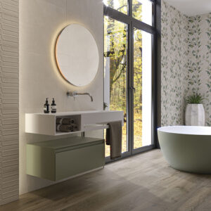 carreaux en grès cérame avec effet béton ALURE_01_AMBIENTE_ALURE_IVORY_CAUDALIE_OVAL_30X75_CAMDEN_MOKA_25X150